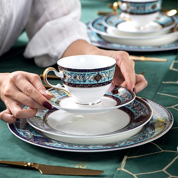 Euro Style Bone China Tea Set, 21 Piece Porcelain Tea Sets for 6 Adults, Bone China Tea Cup Set, Creamer Pitcher, Tea Set for Women Tea Party Set, Gift Package (21, Court)