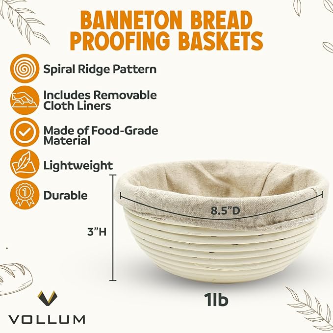 Banneton Bread Proofing Basket sourdough proofing basket for Beginners & Professional Bakers, Handwoven Rattan Cane Bread Maker with Linen for Artisan Breads, 8.5 x 3 In, 1-Pound Round Brotform