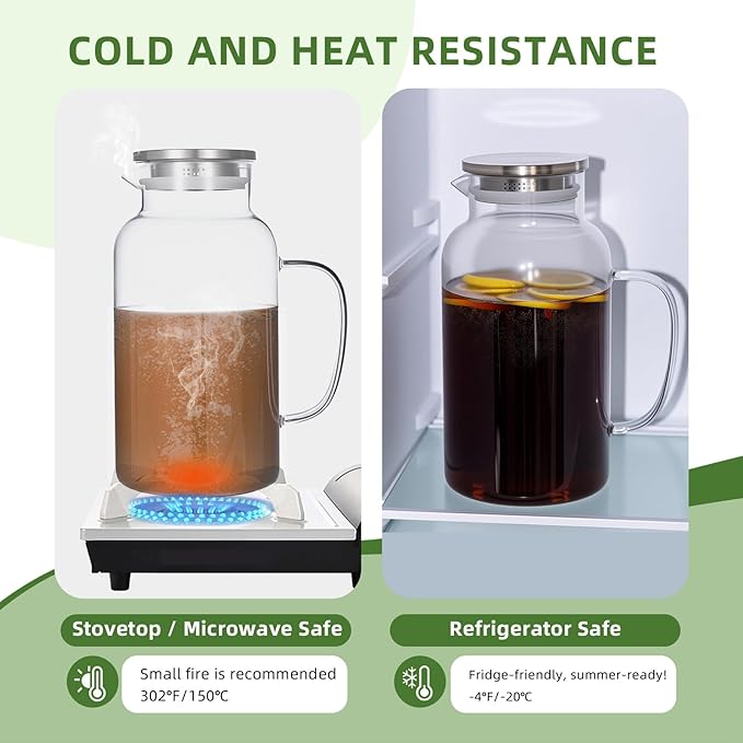 Glass Pitcher, 1 Gallon/3.8L Glass Water Pitcher with Lid and Spout, Heat/Cold Resistant Borosilicate Glass Water Carafe for Coffee, Juice and Homemade Beverage
