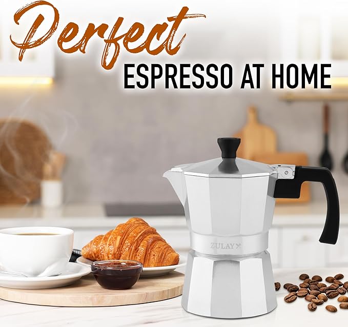 Zulay Moka Pot Espresso Stovetop Coffee Maker - Leak-Proof, Stainless Steel, Easy to Clean, Heat Resistant Handle & Knob - Makes 3 Espresso Cups - Silver
