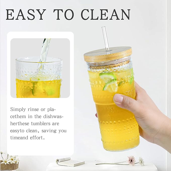4 Pack 20oz Hobnail Drinking Glasses with Bamboo Lids and Glass Straw,High Borosilicate Glass Tumbler Cup Reusable Wide Mouth Smoothie Cups,Beer, Iced Coffee Glasses, Soda