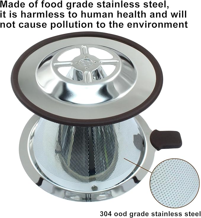 Waziaqoc Pour Over Coffee Dripper, Reusable Paperless Coffee Filter for 2-3 Cups, Stainless Steel Drip Cone Brew Coffee Strainer,Upgraded Double Micro Mesh Filter with Cup Stand