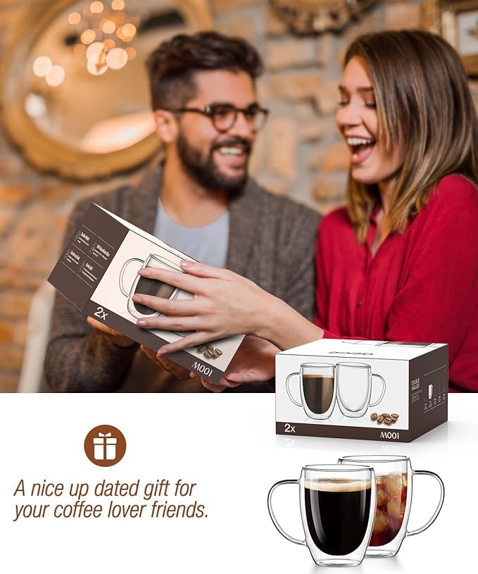 OJA Double Wall Glass Coffee Mugs Set of 2, 13oz Clear Glass Mugs, Insulated Coffee Cups, with coaster, Perfect for Espresso, Latte, Cappuccino, American, Tea Bag, Beverage