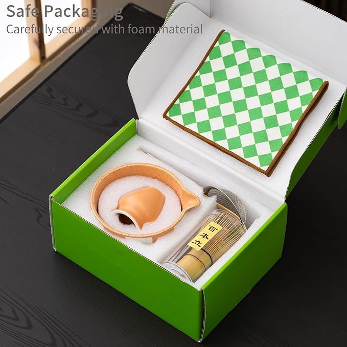 Premium 7-Piece Matcha Tea Set – Traditional Japanese Style with Elegant Grid Pattern, Includes Bamboo Whisk, Ceramic Bowl, Scoop & More – Perfect for Matcha Lovers & Tea Ceremony (Orange grid)