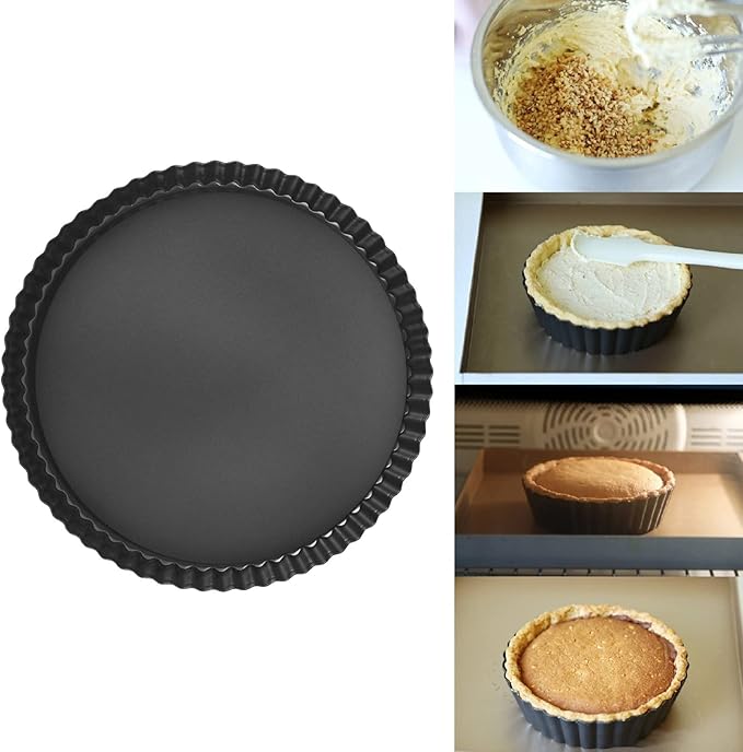 Fluted Tart Pan with Removable Bottom, Carbon Steel Round Tart Pan, Deep Baking Dish Pie Plate for Cakes Pies ([Thickened] 12-inch live bottom pie plate)