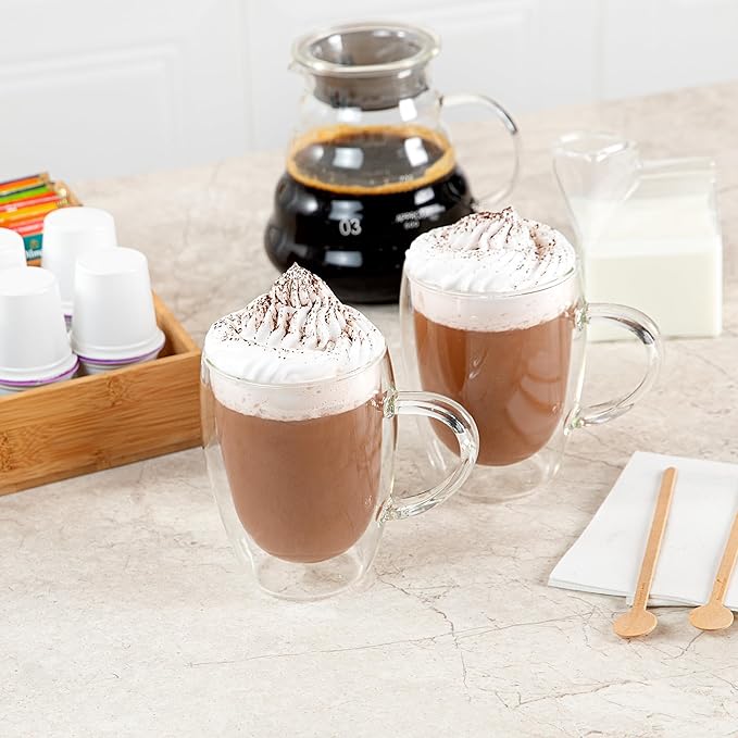 Restaurantware-Forma Professional 11.8 Ounce Glass Coffee Cups, 12 Insulated Coffee Cups With Handle - Dishwashable, Reusable, Clear Double Wall Beverage Tumblers, Freezable For Hot Or Cold Beverages
