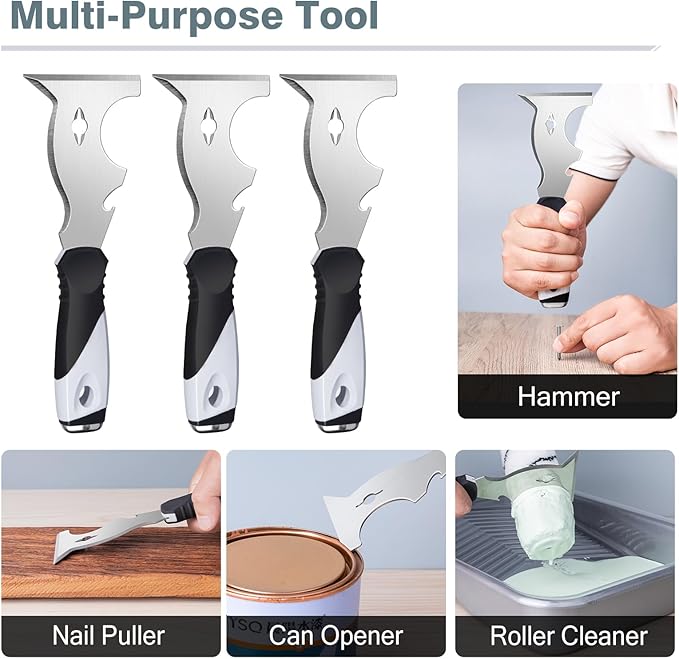 Mister Rui 2 Pack 10 in 1 Putty Knife - Multi Use Painters Tool, Taping Knife, Paint & Metal Scraper with Hammer End, Razor Blade Spackle Tool