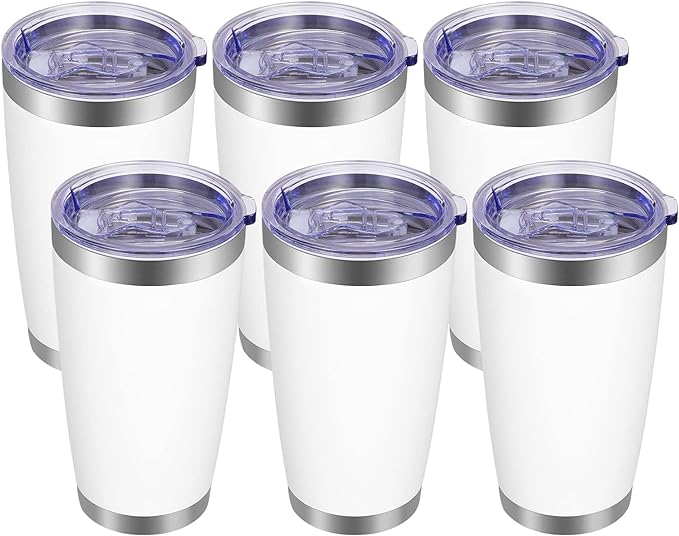 VEGOND 20oz Tumbler with Lid and Straw Stainless Steel Tumbler Cup Bulk Vacuum Insulated Double Wall Travel Coffee Mug Powder Coated Coffee Cup(White 6 Pack