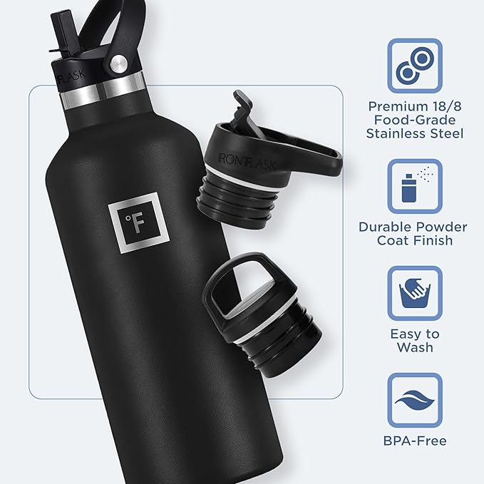 IRON °FLASK Camping & Hiking Hydration Canteens - 3 Lids (Narrow Straw Lid) Leak Proof Vacuum Insulated Stainless Steel - Hot & Cold Double Walled Sports Water Bottle - Elemental Gray, 32 Oz