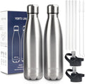 Insulated Water Bottle, 2 Pack-17oz Stainless Steel Water Bottles with straw lid, Metal Sports Water Bottles for Boys,Girls, Double Wall Vacuum BPA-Free Flask for School, Sports & Travel-Silver