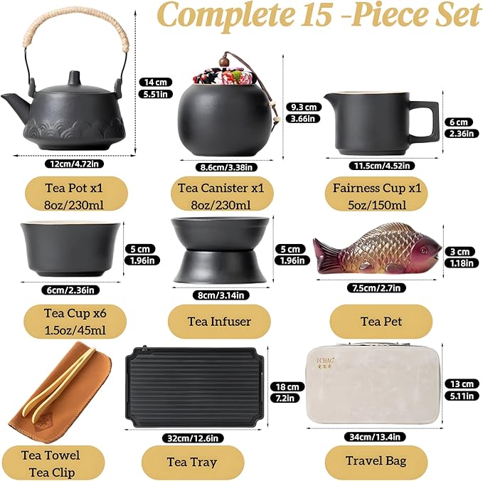 ICHAG Japanese Tea Set, Chinese Tea Sets for Adults, 15-Piece Porcelain Gongfu Tea Set with Tea Pet & Tea Tray, Japanese Teapot Set, Travel Tea Party Set, for Home/Office/Outdoor/Gifts