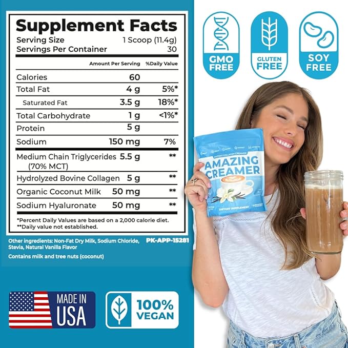 Superfoods Company Amazing Creamer with Collagen - Keto Creamer-Hyaluronic Acid & MCT Oil - Brain Boost & Curbs Cravings - Supports Healthy Skin & Hair - Diet-Friendly [30 Servings] [Vanilla]