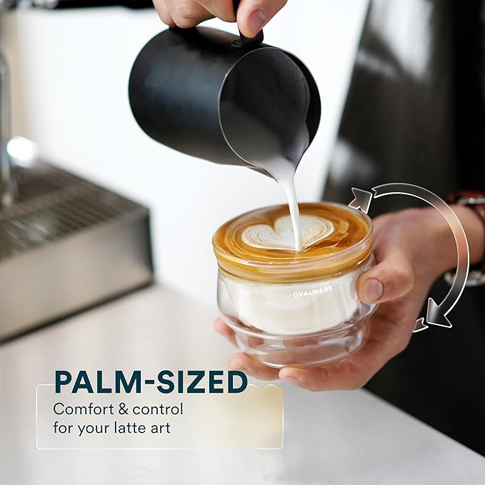 ovalware 8.5oz Double Wall Latte Cups, Latte Set of 2 - Latte Glasses for Cold & Hot Drink, Palm-Sized Cups with Wide Rim for Artistic Designs - Frost White