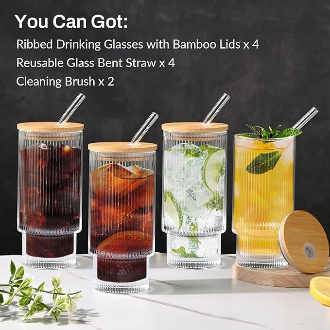 16OZ Ribbed Glass Cups with Lids and Straws,Iced Coffee Cups with Bamboo Lid,Vintage Glassware for Whiskey Cocktail Beer Fruit Juice Glasses Tumbler(4 Pack)