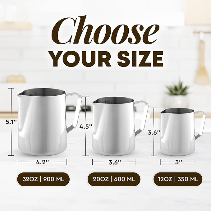 Zulay Milk Frothing Pitcher with Latte Art Pen – 12oz 20oz 32oz - Stainless Steel Frother Cup with Measurement Markings, Espresso & Coffee Accessories Creamer Jug with Laser-Welded Handle - 12 oz