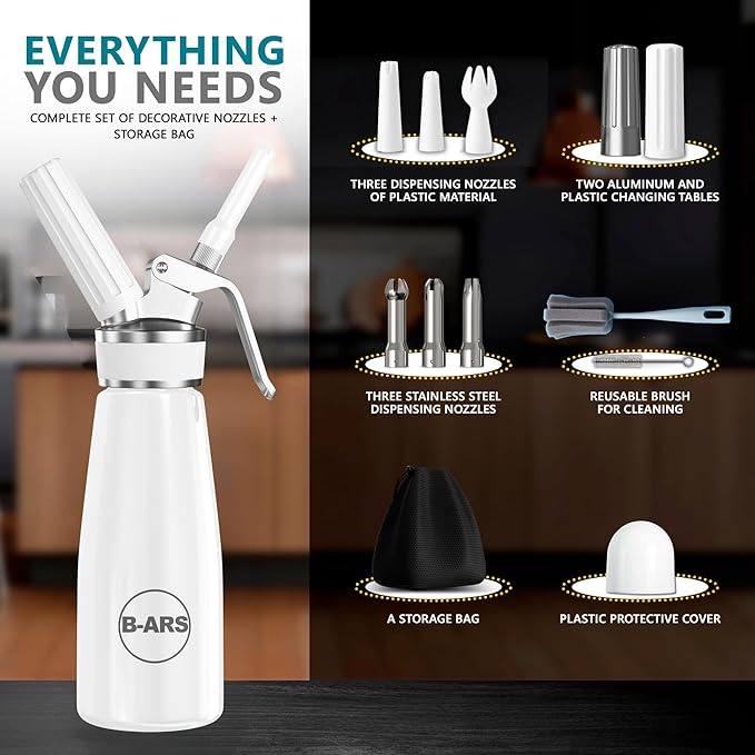 B-ARS Whipped Cream Dispenser-Professional Dispenser-Whip Cream Dispenser -Whipping Siphon-Whipped Cream Maker-Cream Whipper-Aluminum Whipped Cream Dispenser 500 ml. (White)