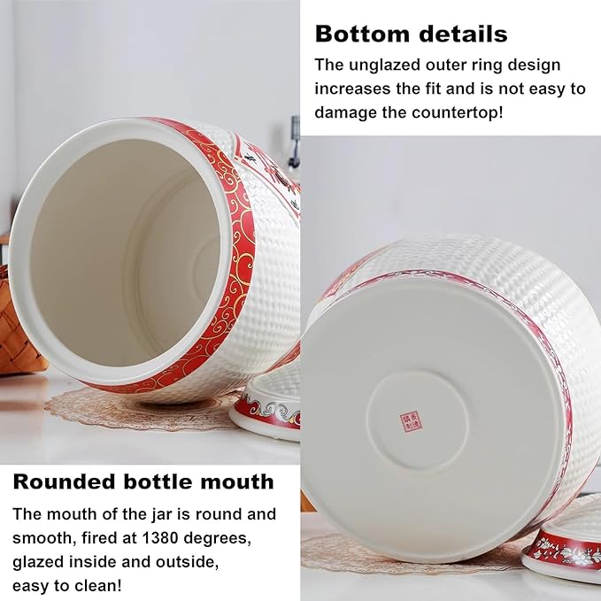 Chinese Sealed Large-Capacity Rice Pot, Ceramic Rice Bucket With Tassel Design, Grain Storage Ceramic Container, Rice Dispenser Airtight Storage Bucket For Grains Snacks Candy Coffee Beans Food(A,Capa