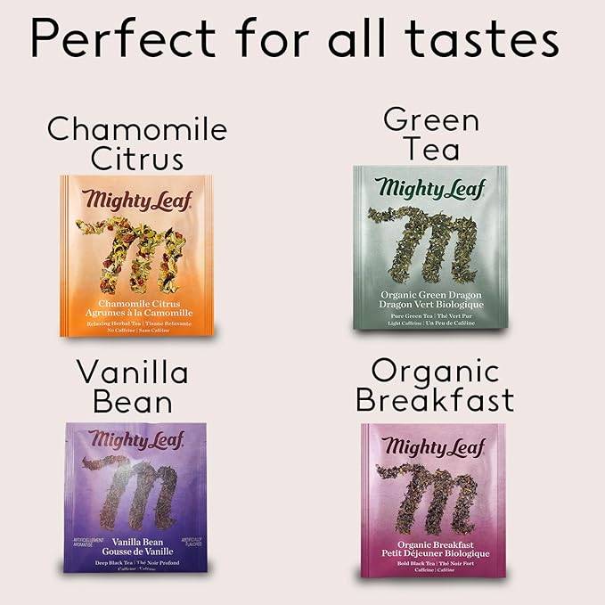 Mighty Leaf Organic Tea Sampler – 40 Count Silken Tea Bags – 8 Assorted Flavors: Tropical Green, Chamomile Citrus, Earl Grey, Vanilla Bean, White Orchard, Breakfast, Spring Jasmine, African Nectar – Premium Tea Gift Box