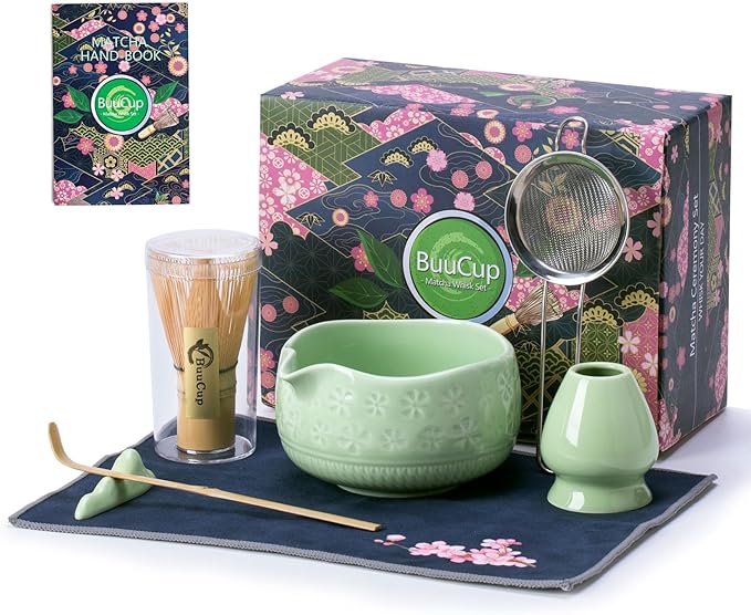 Matcha Whisk Set, Ceramic Matcha Set Includes Matcha Bowl, Matcha Whisk and Holder, Bamboo Scoop, Scoop Rest, Sifter and Tea Towel - 7 Pcs Matcha Kit for Matcha Lovers (Green)