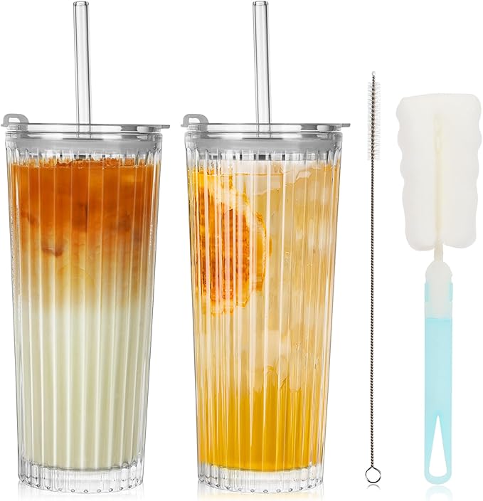 18oz Ribbed Glass Tumbler with Lid and Straw Set of 2: Leak-Proof Drinking Glasses to Go, Reusable Iced Coffee Cups for Cold Drinks, Juice, Smoothie, Glass Cups with Stylish Ribbed Design