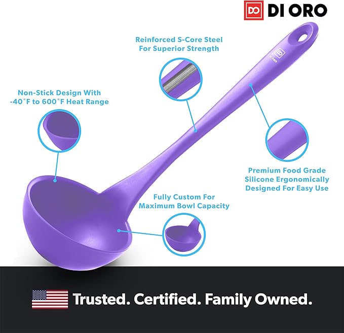 DI ORO Silicone Ladle – Soup Ladle for Cooking & Serving Heat-Resistant - Large Kitchen Ladle Nonstick Cookware Safe - Soup Serving Spoon with Wide Bowl - Silicone Utensil Dishwasher Safe (Lavender)