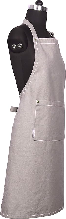 AMOUR INFINI Cotton Solid Aprons for Women with Pocket, Adjustable Strap and Waist Ties Washed Chef Aprons for Cooking, Baking and Gardening (Beige)