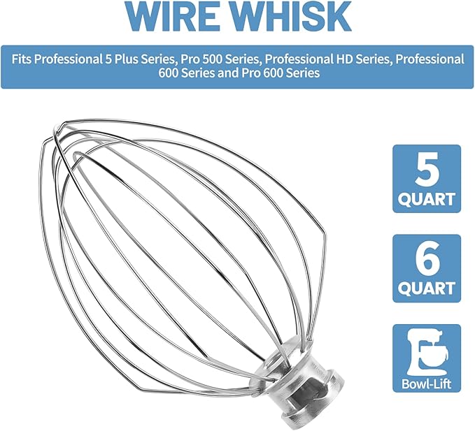 6 Wire Whisk Attachments Compatible with KitchenAid 5-6Quart Mixer, Bowl Lift Stand Mixer Accessories, 6-Quart Stainless Steel Whisk, Egg Cream, Cake Mayonnaise, For Multiple Models