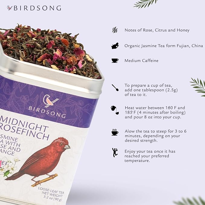 Birdsong Midnight Rosefinch: Organic Jasmine Green Tea with Rose and Orange, Light, Refreshing, Soothing Natural Tea with Citrus and Honey Notes, Medium Caffeine, Loose Leaf Hot Tea