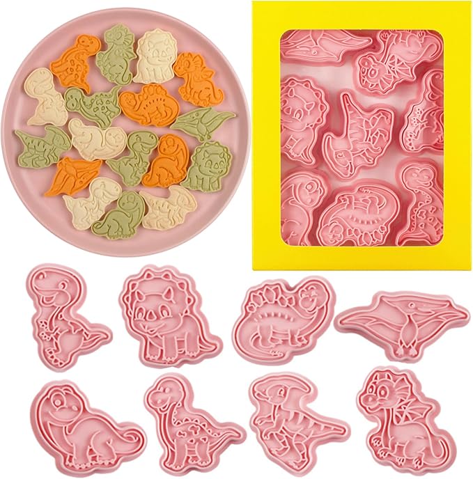 8 Pcs Dinosaur Cookie Cutters Set Baking Molds 3D Dinosaur Press type Cookie Cutter for Baking, Fondant, Cheese, and Pastries