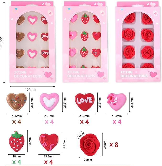 Edible Valentine Icing Decoration, Red Rose Icing Decoration, Royal Icing Heart Sprinkle, Strawberries Sugars Sprinkles for Cupcake Topper, Cake, Ice Cream, Macaron, Cookies and Chocolate.