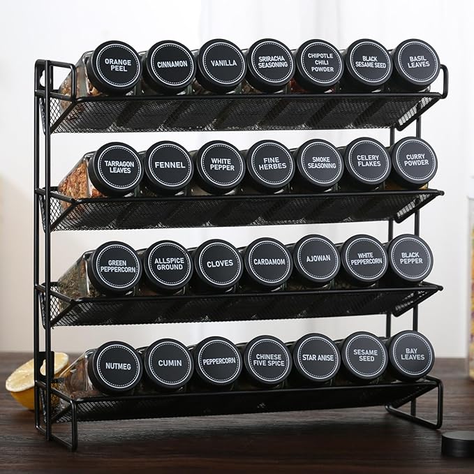24Pcs Spice Jars Containers with Labels，4oz Black Seasoning Bottles with Shaker Lids for Rack, Cabinet, Drawer,Empty Square Condiment Pots (24, Black)