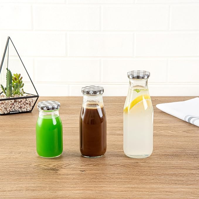 Restaurantware French Countryside 15 Ounce Glass Bottles 10 Durable Juice Bottles - With Black Plaid Lid Dishwashable Clear Glass Countryside Bottles For Hot And Cold Beverages