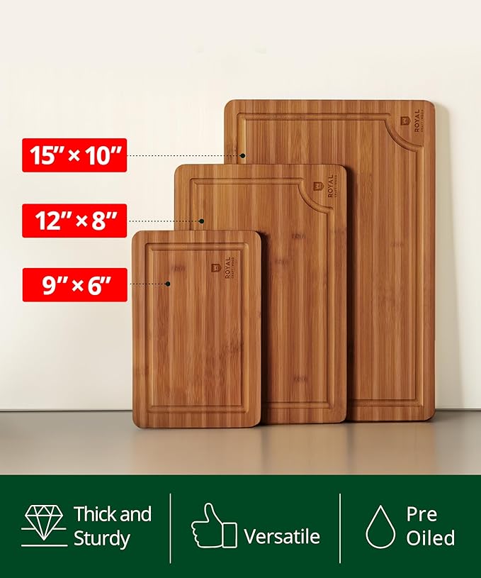 ROYAL CRAFT WOOD Wooden Cutting Boards for Kitchen Meal Prep & Serving - Bamboo Wood Serving Board Set with Deep Juice Groove Side Handles - Charcuterie & Chopping Butcher Block for Meat (3 Pcs)