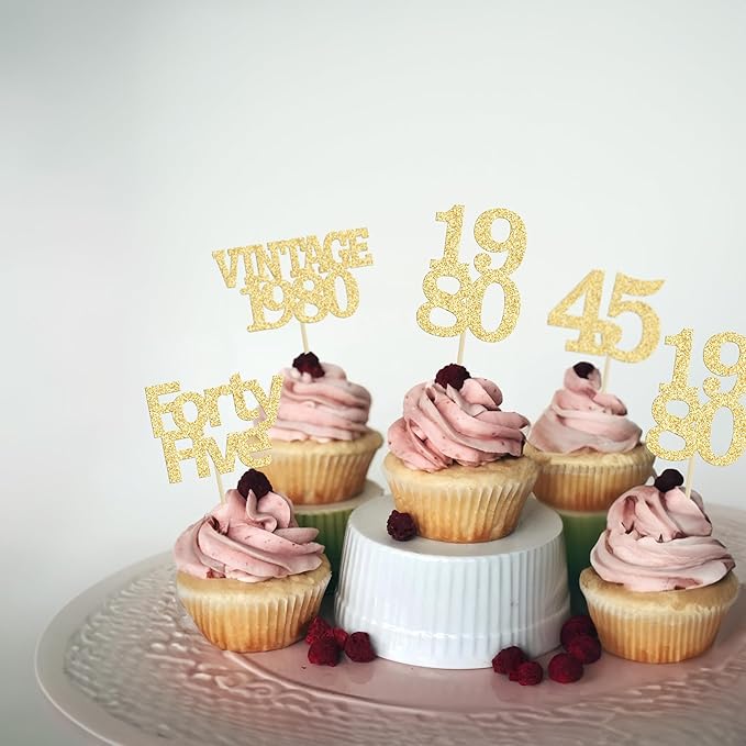 Gyufise 24Pcs 45th Birthday Cupcake Toppers Glitter Cheers to 45 Fabulous Forty Five Vintage 1980 Cupcake Picks 45th Birthday Wedding Anniversary Party Cake Decorations Supplies Gold