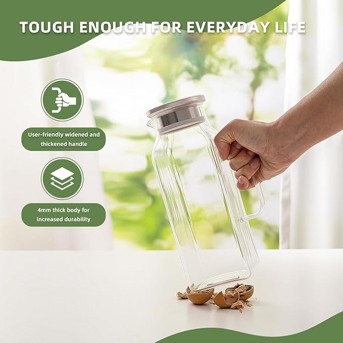 Glass Pitcher, 2 Pack 2L/68oz Glass Water Pitcher with Lid and Spout, Heat/Cold Resistant Borosilicate Glass Water Carafe for Coffee, Juice and Homemade Beverage (TG05)