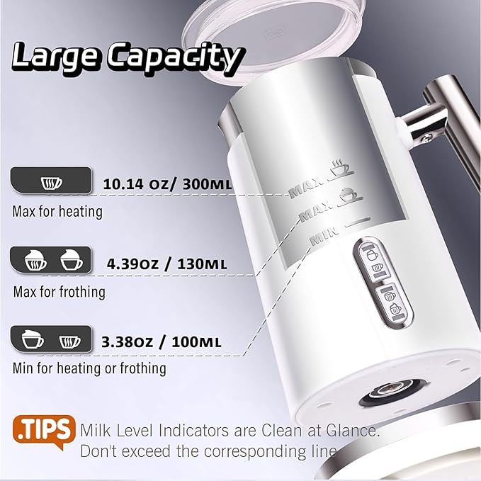 Huogary 4-in-1 Milk Frother, Updated Milk Frother and Steamer, Milk Steamer for Milk Foam & Hot Milk(4.39oz/10.5oz), Electric Milk Warmer and Frother for Coffee, Latte, Cappuccino White 120V
