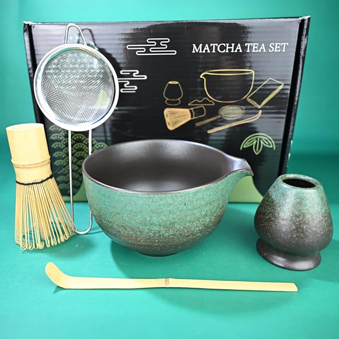 Matcha Whisk Set,Matcha Set Includes Ceramic Bowl with Spout,Stainless Sifter,Scoop,Whisk and Holder,Complete 5 Pcs Japanese Matcha Kit Making Tools,Green
