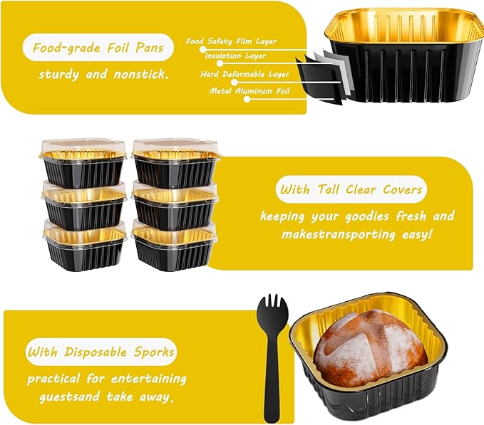 50 Pack Square Mini Cake Pans with Lids,Mini Loaf Pans with Lids,Aluminum Foil Baking Cups,Disposable Ramekins Cupcake Cups,Dessert Cups for Wedding Birthday Party,5oz (Black&Gold)