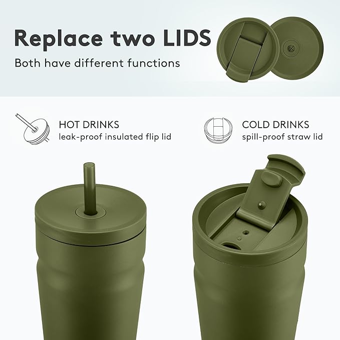 COKTIK 24oz Insulated Tumbler with Lid and Straw 2 Lids (Straw/Flip) Iced Coffee Cup Reusable Stainless Steel Travel Mug Water Bottle Cupholder Friendly for Women Men Her Him (Olive)