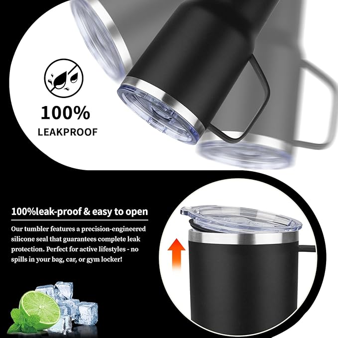 20oz Insulated Tumbler with Handle Stainless Steel Travel Coffee Mug with Lid and Straw Double Wall Vacuum Leak-proof Reusable Thermal Water Cup for Hot and Cold Drinks (Black,1 Pack)