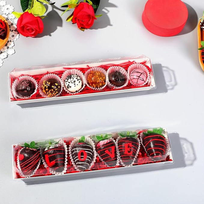 25 Pack 12 x 2.8 x 2.4 Inches Strawberry Boxes with Clear Lids,Long Macaron Boxes Gift Boxes For Cookies,Truffle,Cocoa Bombs,Chocolate