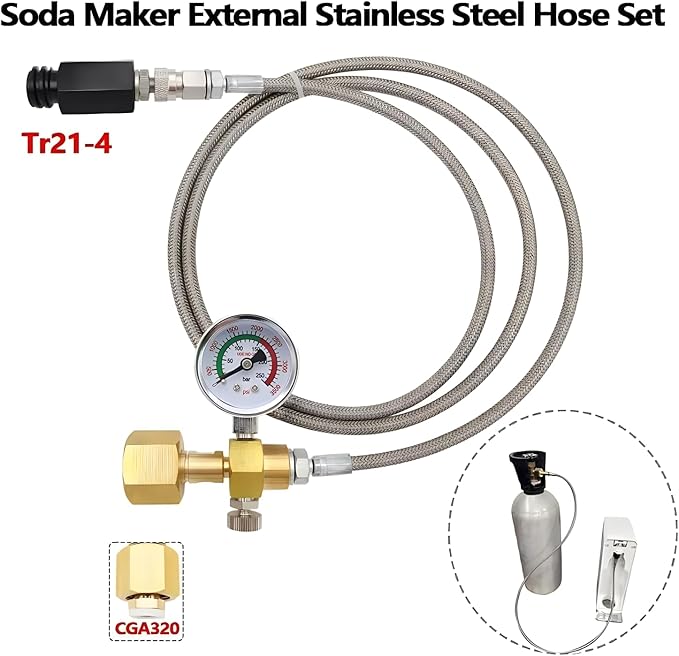 Upgraded Soda Machine Co2 Adapter Stainless Steel Hose with Larger Pressure Gauge, CGA320 Co2 Tank Direct Hose Adapter to Jet/One Touch/Fizzi/Aqua Fizz Soda Water Machine (60 inch)