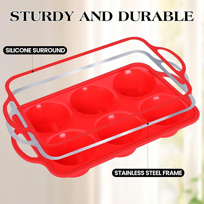 2 Pcs Jumbo Muffin Pan with Metal Frame, Nonstick 6 Cup Extra Large Cupcake Pan for Baking, Silicone Deep Muffin Tray for Egg Bites (Red)