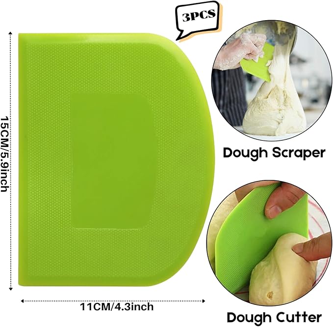 SURDOCA Dough Scraper Bench Scraper - 3P 5.9x4.3" Plastic Flexible Bowl Scraper, Sharp Edge & Angles Cake Scraper. Non-Slip Bakeware Decorating Tools Sculpting & Modeling Tools - Yellow+Green+Yellow
