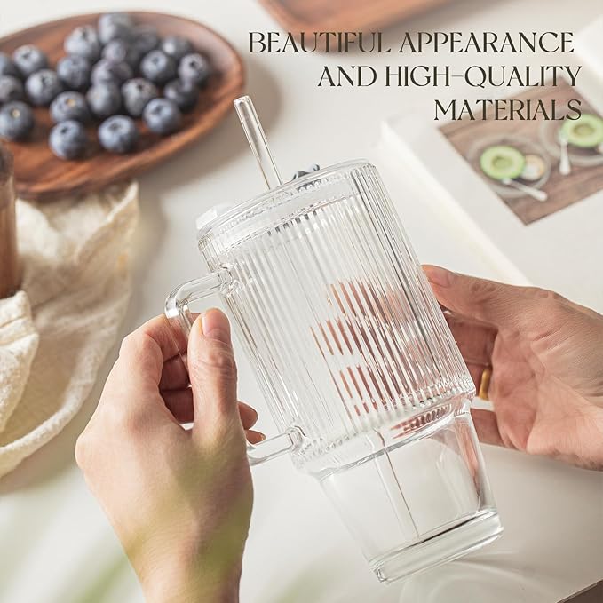 KEMORELA 2-Pack 24 Oz Ribbed Glass Tumblers with Lids and Straws, Handle Iced Coffee Cups, Clear Reusable Drinkware for Smoothies, Cold Beverages - Dishwasher Safe