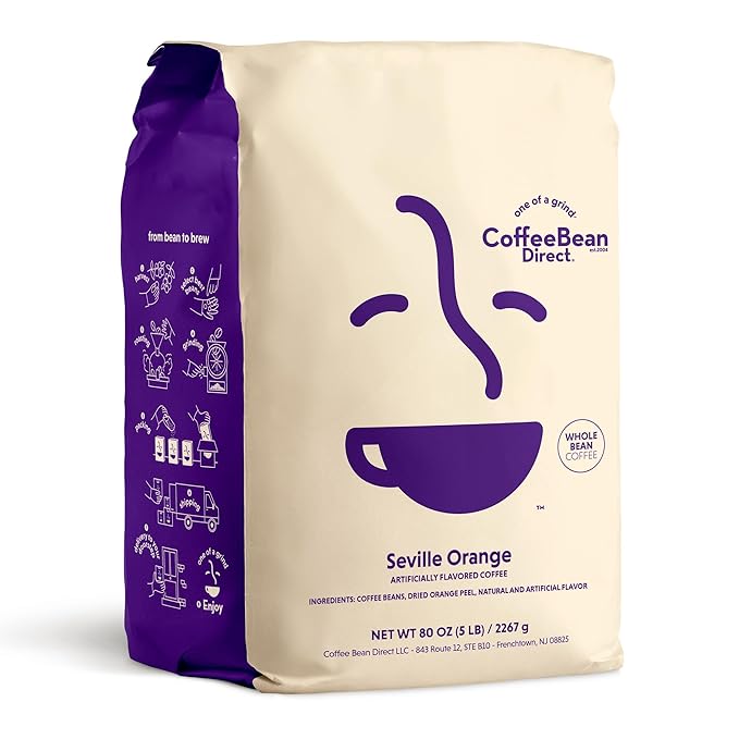 Coffee Bean Direct Seville Orange Flavored, Whole Bean Coffee, 5 Pound Bag (Pack of 1)