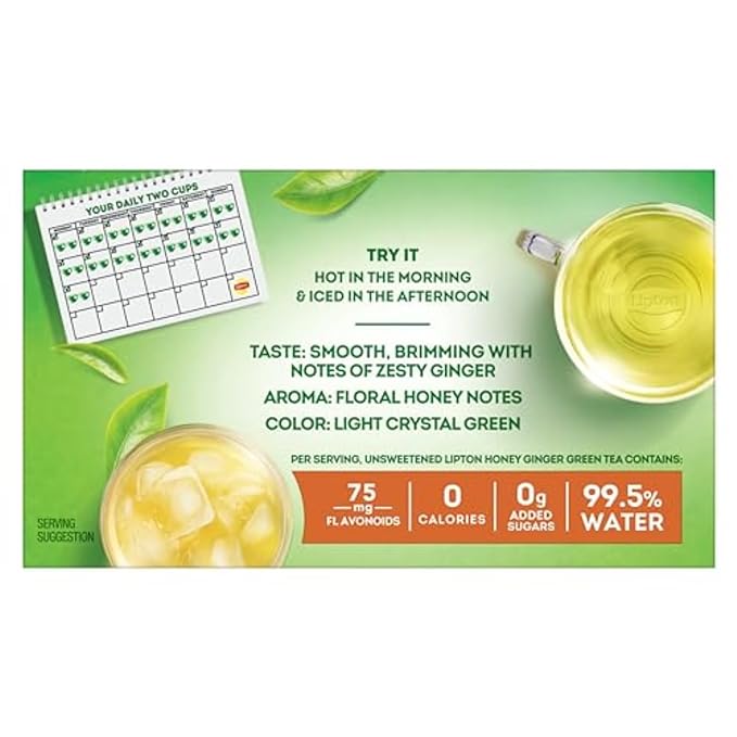 Lipton Honey Ginger Green Tea Bags, Flavored, Unsweetened Teabags for Hot Tea or Iced Tea with Caffeine and Flavonoids, 20 Total Tea Bags
