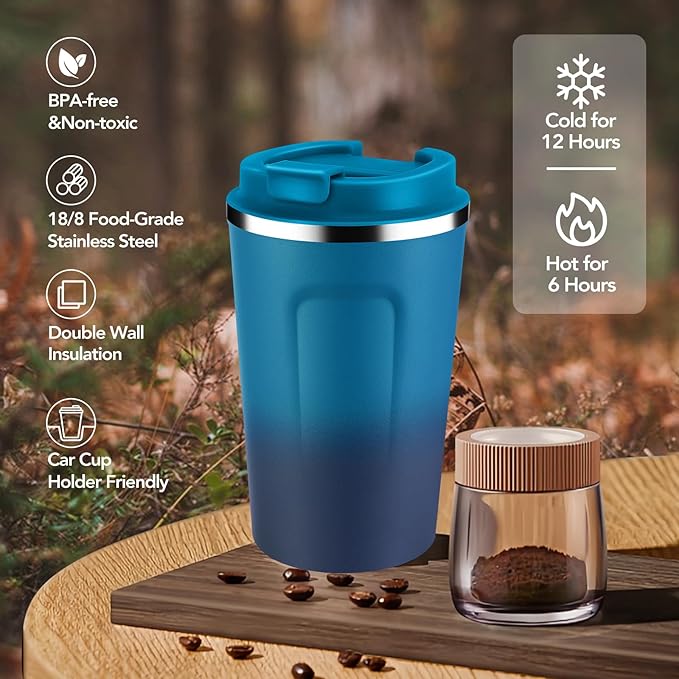 Volhoply 12 oz Double Wall Insulated Vacuum Travel Coffee Mug with Flip Lid Bulk 4 Pack,Reusable Stainless Steel Leak Proof Coffee Cups,Portable Thermal Tumbler for Hot & Cold Drinks(Dark Night,4 Set)