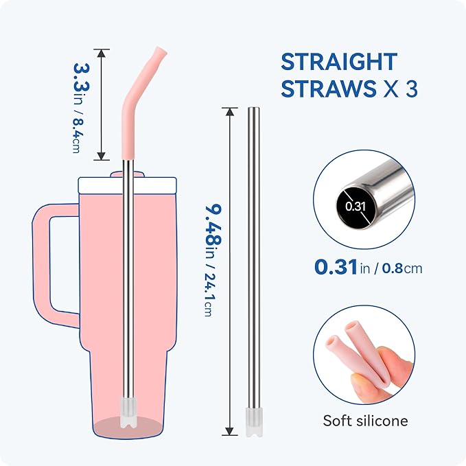 Reusable Metal Straws with Silicone Tip for Stanley 30oz,Stainless Steel Drinking Straws for 30oz Tumbler,3 Straight Tubes & 6 Tips& 1 Cleanr Brush (Jade)