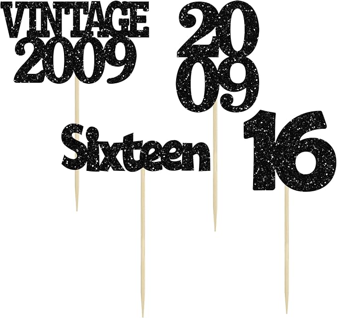 Gyufise 24Pcs 16th Birthday Cupcake Toppers Glitter Sixteen Vintage 2009 Sweet 16 Cupcake Picks Hello 16 Years Birthday Cake Decorations for Happy 16th Birthday Anniversary Party Supplies Black